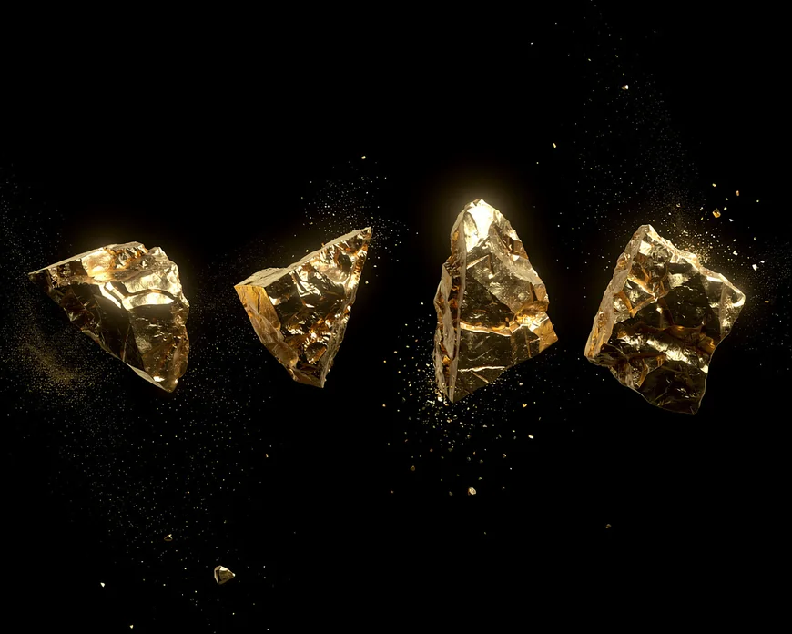 Pepitas de ouro separadas, cada uma com um pedaço faltando