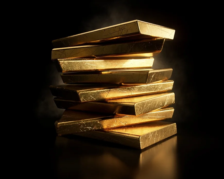 Barras de ouro empilhadas e paradas sobre uma superfície escura